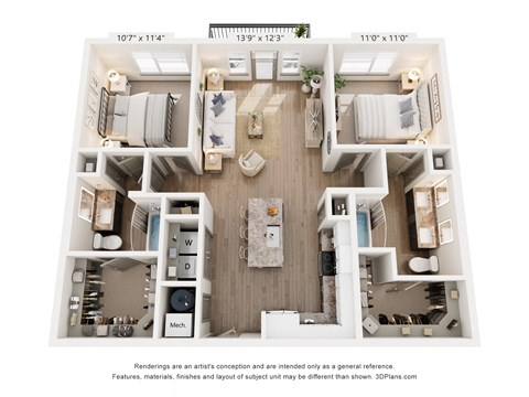 Floor plan for 2 beds, 2 baths, 1080 sqft